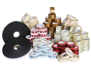 A variety of tapes and rolls displayed on a white background among boxes.